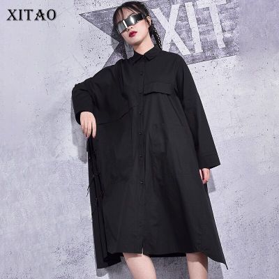 XITAO Dress Pleated Fashion Women Black Casual Shirt Dress