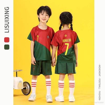 【Ready Stock】 Cute 22/23/24 Childrens Set World Cup Portugal Jersey Home Ronaldo Football Tshirt Shorts Kids Suit
