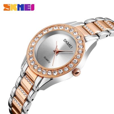 SKMEI ที่เรียบง่ายหรูหราคริสตัลนาฬิกาข้อมือสตรีสุภาพสตรีสแตนเลสสายนาฬิกาควอตซ์นาฬิกา