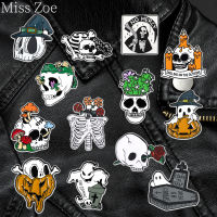 Skull Skeleton Grave Enamel Pins Cactus Mushroom Pumpkin Halloween Series Brooches Bag Lapel Pin Gothic Punk Badge Jewelry Gifts