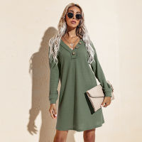 Casual Knitted Women Dresses Autumn Winter 2021 Long Sleeve Loose Elegant Sexy V-neck Office Solid Mini Dress Woman Robe Femme