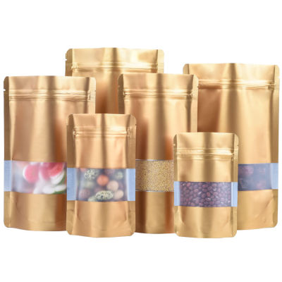 100Pcslot Matte Gold Stand Up Aluminum Foil Zip Lock Bags with Window Reclosable Doypack Pouches Coffee Powder Cookies