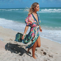 Bohemian ปกคลุมชายหาดขนาดพิเศษการพิมพ์ Beach Cardigan Kaftan Tunics เข็มขัดผู้หญิงเซ็กซี่ฤดูร้อนชุดคลุมบิกินี่ Beach Wear