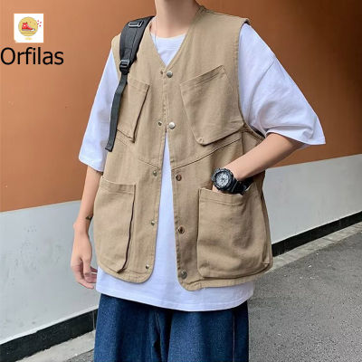 Orfilas  🚛🚛เสื้อกั๊กชาย เสื้อคาร์โก้ แนวโน้มแฟชั่นแบรนด์ สไตล์ฮาราจูกุ สไตล์ญี่ปุ่น เสื้อโค้ทสไตล์หัวรถจักร เสื้อแขนกุดทรงหลวม เสื้อกั๊กผู้ชาย