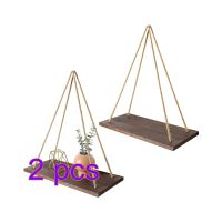 【CW】 2PCS Wood Hanging Rope Wall Mounted Floating Shelves Pot Shelf Indoor Outdoor Decoration