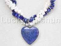 2021natural 3row 18" Baroque white freshwater pearls lapis lazuli pendant necklace j11739