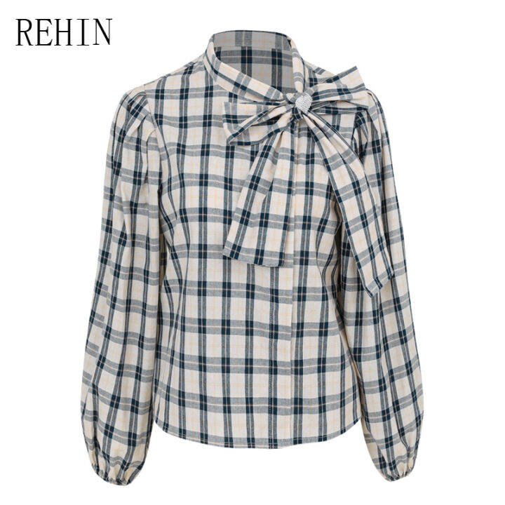 rehin-เสื้อแขนยาวผู้หญิงลายสก๊อตคอโบว์ผูกทำจากผ้าฝ้ายด้านใน