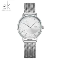 Shengke Women Silver Quartz Watch for Female Top Luxury Brand Quartz Watch Womens Mesh Band Fashion Reloj Mujer 2021 New Clock