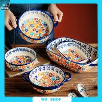 Colorful Flower Shadow Baking Bowl, Net Red Handle Bowl, Ceramic Oven Special Baking Plate  Household Two-Ear Baking Bowl Instant Noodle Soup Bowl