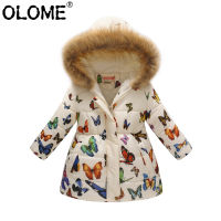 OLOME Fashion Girls Puffer Jacket Winter Children Coat Fur Hood Kid Girls Clothing Hooded Toddler Coat Floral Infant Outwear