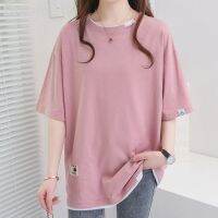 Large size T-shirt womens loose belly covering new mid-length five-quarter sleeve stitching fake two-piece top V729