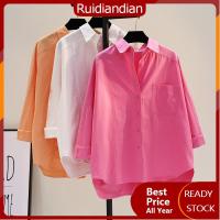 Ruidiandianm-3XL เสื้อลำลองแขนยาวสีขาวเสื้อเชิ้ตผู้หญิงมีกระเป๋ากระดุมเสื้อเสื้อลำลองทรงหลวมเสื้อเสื้อผ้าฝ้ายกันแดด