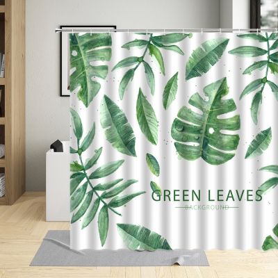 Spring Tropical Plant Green Leaf Shower Curtain Hand Painted Art Decor cloth Bathroom Waterproof Fabric Bath With Hook Polyester