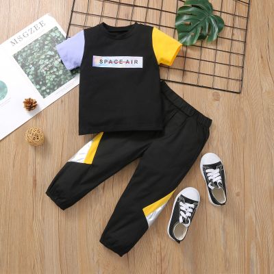 [COD] Foreign trade childrens summer boys short-sleeved suit and medium-sized casual sports style letter T-shirt trousers two-piece set