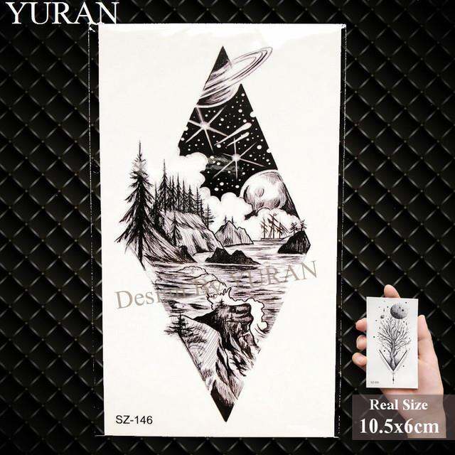 yuran-สติกเกอร์รอยสักรูปสามเหลี่ยมเรขาคณิตปลอมแบบทำมือสำหรับผู้หญิงรอยสักชั่วคราวฮิปฮอปดวงจันทร์ดวงจันทร์แท่งไม้สักลูกศรบนร่างกายของผู้ชาย