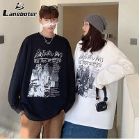 Lansboter เสื้อยืดแขนยาววินเทจใหม่เสื้อวอร์มตัวบางหลวมพิมพ์ลายคู่ชายและหญิง