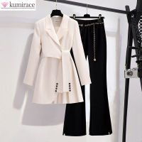 Spring new long sleeved trousers Lapel Leisure suit elegant button belt decorative womens coat pants two-piece set