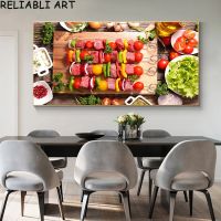 Luyameishop Contemporary Wall Art Poster-บาร์บีคิวผักและปลาย่างผ้าใบพิมพ์สำหรับตกแต่งบ้าน