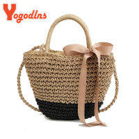 Yogodlns new arrive Handmade Straw Bags Ribbons Bowknot Beach Knitting Handbags Tote Shoulder Bag