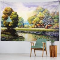 Retro Color Oil Painting Wall Hanging Tapestry River Forest Hippie Wall Carpets Dorm Decor Picnic Mat Rugs Table Cloth