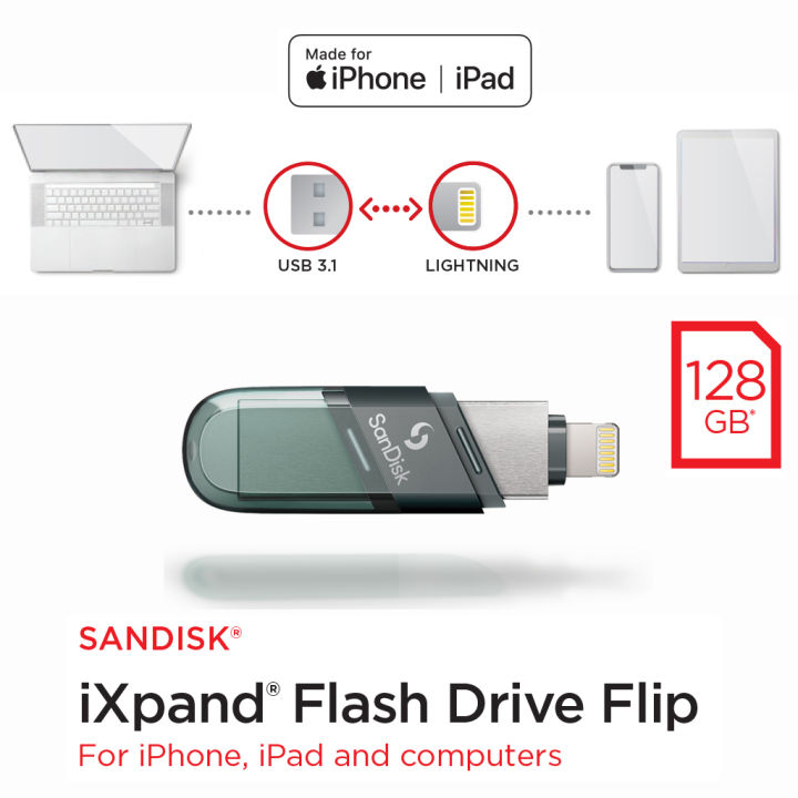 sandisk-ixpand-flash-drive-flip-128gb-2-in-1-lightning-and-usb-a-3-1-sdix90n-128g-gn6ne-otg-flashdrive-แฟลชไดร์ฟ-2-หัว-สำหรับ-iphone-ipad-ไอโฟน-ไอแพด-รับประกัน-synnex-2-ปี