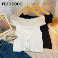 PEAR DODO เสื้อถักเปิดไหล่สำหรับผู้หญิง,เสื้อไหมพรมเปิดไหล่แบบเกาหลีกระดุมแถวเดียวถักแบบเรียบง่าย