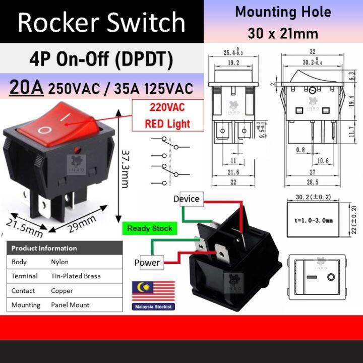 [20A 250V] 4 Pin / 6 Pin DPST DPDT KCD4 Rocker Switch Suis Rocker, AC