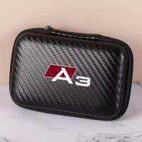 Carbon Fiber Portable Storage Bag Headphone Data Cable Digital Supplies Car Storage Zipper Box For Audi A3 LOGO Auto Accessories