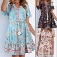 COD DSTGRTYTRUYUY Women Summer Bohemian Dress Floral Print V Neck Loose Short Sleeve Dress Womens Flowy Dress Summer Wrap V Neck Beach Short Dress Dresses For Women Casual Summer Mini Boho Dress