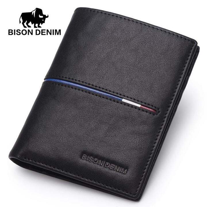 bison-denim-แฟชั่นแบรนด์หนังแท้ผู้ชายกระเป๋าสตางค์บางพับชายกระเป๋ากระเป๋าสตางค์ผู้ถือบัตรกระเป๋า