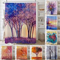 Baltan HOME LY1 Flower City Tree Oil Painting Shower Curtain New Style Bathroom Curtain Natural Landscape Butterfly Bathroom Hanging Curtain Hook