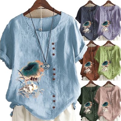 11 Colors Summer Casual Flower Duck Printed Loose T-shirts Vintage O-Neck Plus Size Short Sleeve Blouse Tops For Women S-5XL