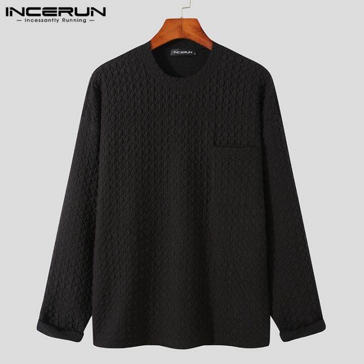 incerun-เสื้อยืดลําลองแฟชั่นสําหรับผู้ชายแขนยาวคอกลมทรงหลวม