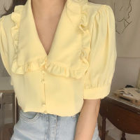 Women Solid Color Chiffon Blouse Short Sleeves Tops Casual Loose Ladies Button Shirt