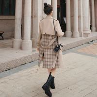 Outerwear Spring Autumn Windbreaker Fashion England Style Women Trench Coat Double-Breasted Long Duster Coat Plaid Patchwork