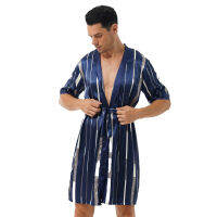 Men Striped Pijamas Fashion Letter Print Satin Open Front Bathrobe Breathable Underwear Short Sleeve Belted Night-robe Nightwear