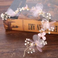 Bridal Hair Accessories Wedding Women Pearl Hairband Fairy Pink Wreath Girl Head Flower Crown Golden Wire for Female Decoration