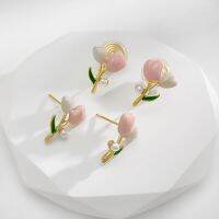 [COD] Zhao Lusis same style pink tulip earrings sweet flowers no pierced ear clips high-end design earrings accessories