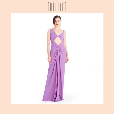[MILIN] Front draped and cutout detail V neck sleeveless ruched long dress เดรสยาวพิมพ์ลายคอวีแต่งรูดดีเทลแต่งเดรปด้านหน้า และคัทเอาท์ / Opuntia Dress
