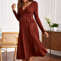 Hot Sale OEM Custom Maternity Dress V-Neck Strap Knitted Pullover Dress Maternity Surplice Neck Belted Dress