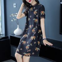 100% Real Silk Black Womens Dresses 2023 Summer Elegant Fashion O-neck Short Sleeve Vintage Print Loose Woman Straight Dress