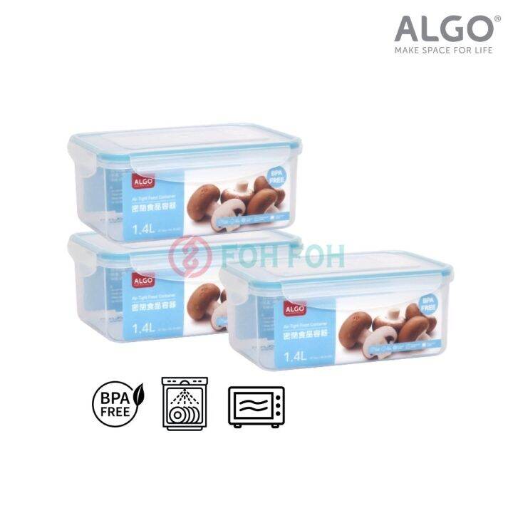 Algo 1.4L Plastic Airtight Stackable Food Container Rect 3P Set