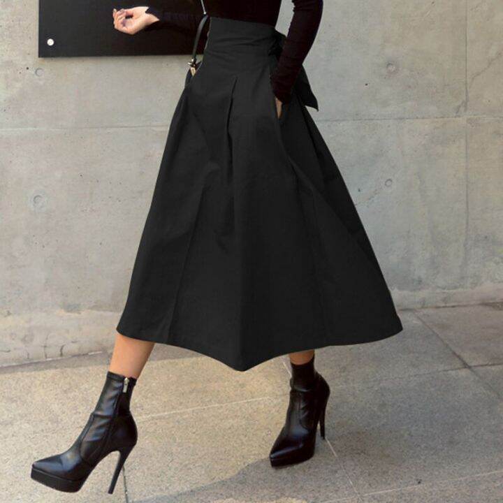 mexzt-high-waist-bow-skirts-women-korean-fashion-solid-big-swing-female-a-line-midi-skirts-elegant-all-match-slim-skirts