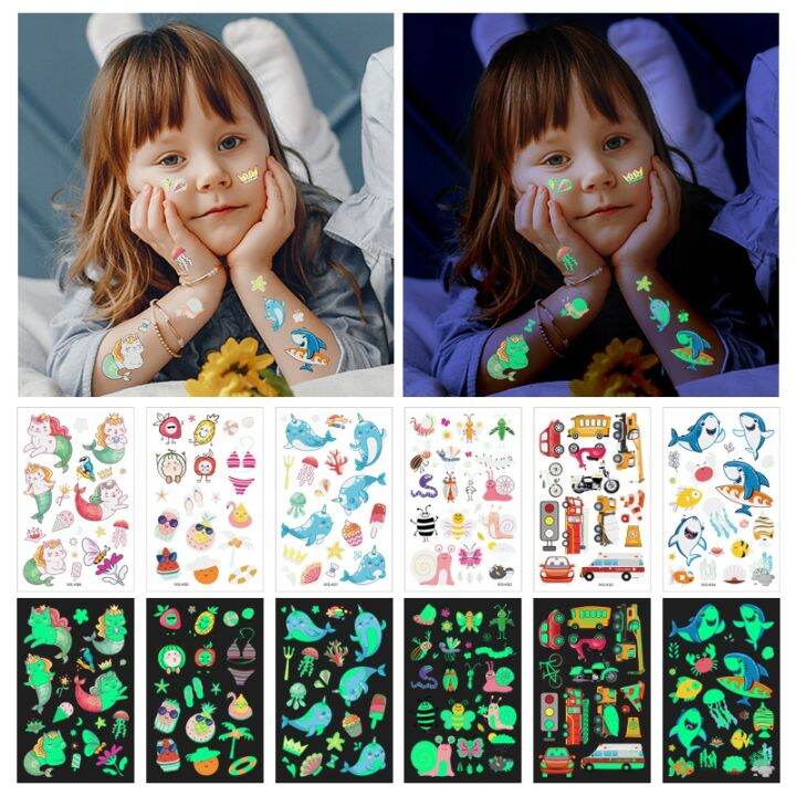 tattoo-stickers-luminous-child-kids-temporary-fake-tattoos-girls-dinosaur-unicorn-mermaid-shark-car-glowing-waterproof-tattoos