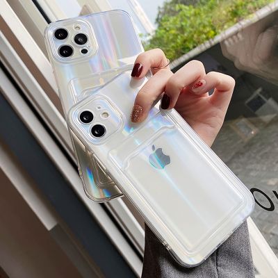 （cold noodles） Gradient Rainbow Aurora Laser Case สำหรับ iPhone 13 11 12 Pro Max XS XR 7 8 Plus SE 2020ฝาครอบโปร่งใสพร้อมกระเป๋าสตางค์ผู้ถือบัตร