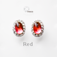 (S925) ต่างหูเงินแท้ เพชร CZ Sterling silver stud earrings Red 7*10mm