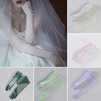 ▩ New Women Sexy Lace Pearl Gloves White Mesh Tulle Full Finger Elbow Long Gloves Lady Vintage Wedding Bride Dress Mittens