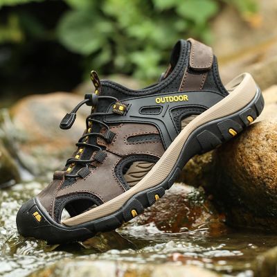 Outdoor Genuine Leather Mens Sandals High-quality Summer Non-slip Beach Shoes Sneakers Men Walking Mountaineering Travel Shoes