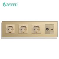 BSEED หน้าจอโทรศัพท์คริสตัลอินเทอร์เน็ตสี่เฟรมเต้าเสียบไฟทีวีพีซีเต้าเสียบฝังผนังคู่มาตรฐานอียูสีขาวดำมาตรฐานอียู