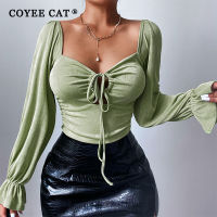 CoyeeCat Sexy Drawstring Flare Sleeve Tops Green Bandage Low Cut Neck 2021 Autumn Long Sleeve Shirts Y2k Streetwear Women Outfit